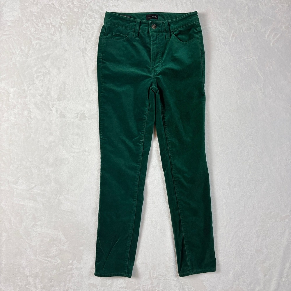 Talbots Velveteen Straight Leg Pant Womens 0P Green Excellent Mid Rise Petite